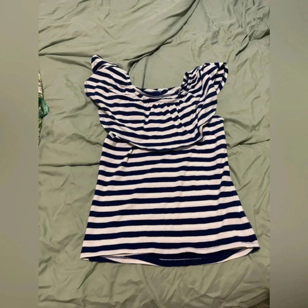 girls blue/white striped top, off shoulder, Old Navy, fitted size large (10)